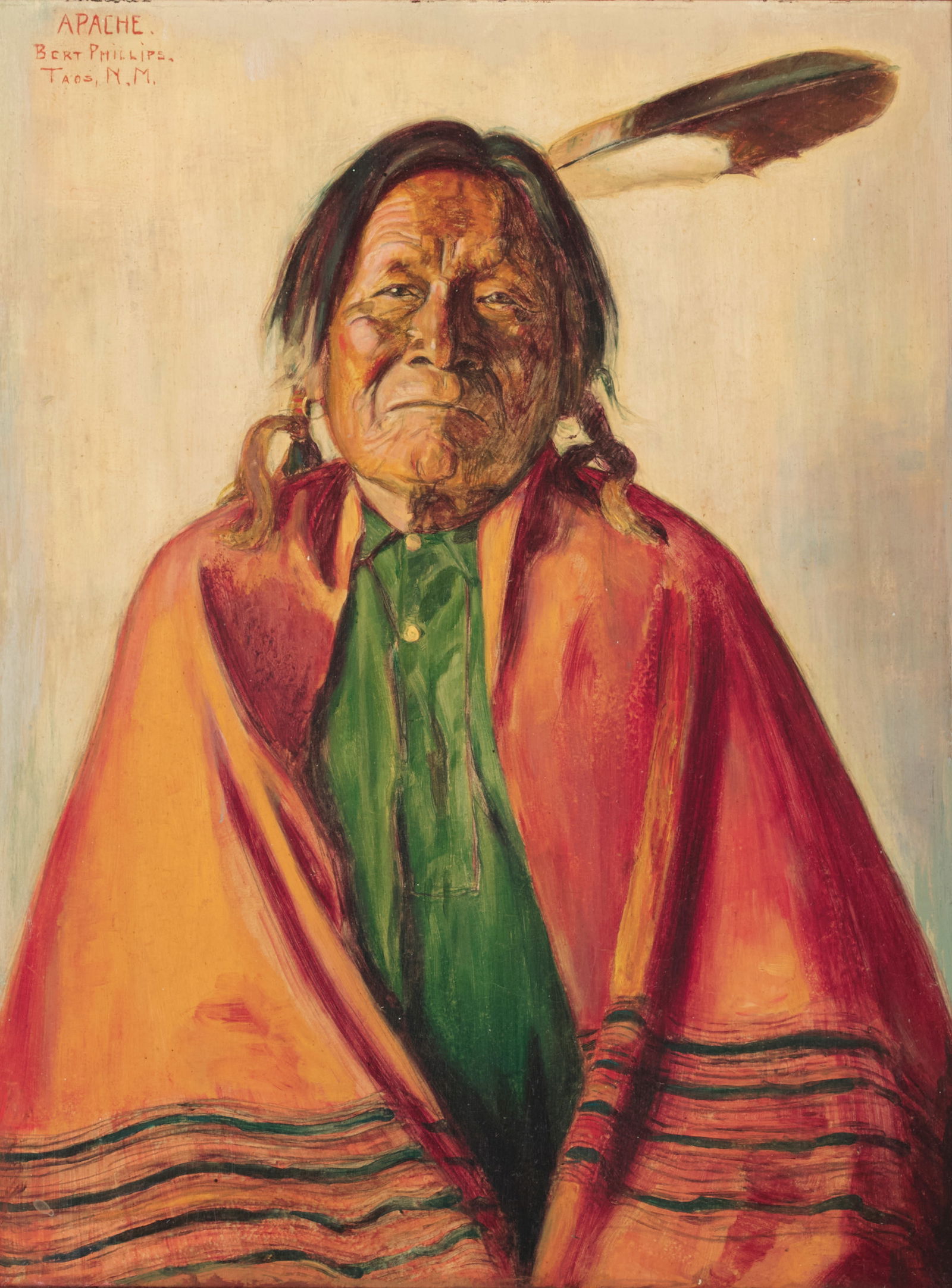 Bert Geer Phillips (1868-1956) Apache 12 1/2 x 9 in. framed 21 x 18 in.: Bert Geer Phillips (1868-1956) Apache signed, titled and inscribed 'Bert Phillips. / Taos, N.M.' (upper left) oil on board 12 1/2 x 9 in. framed 21 x 18 in. Footnotes: Provenance Private co