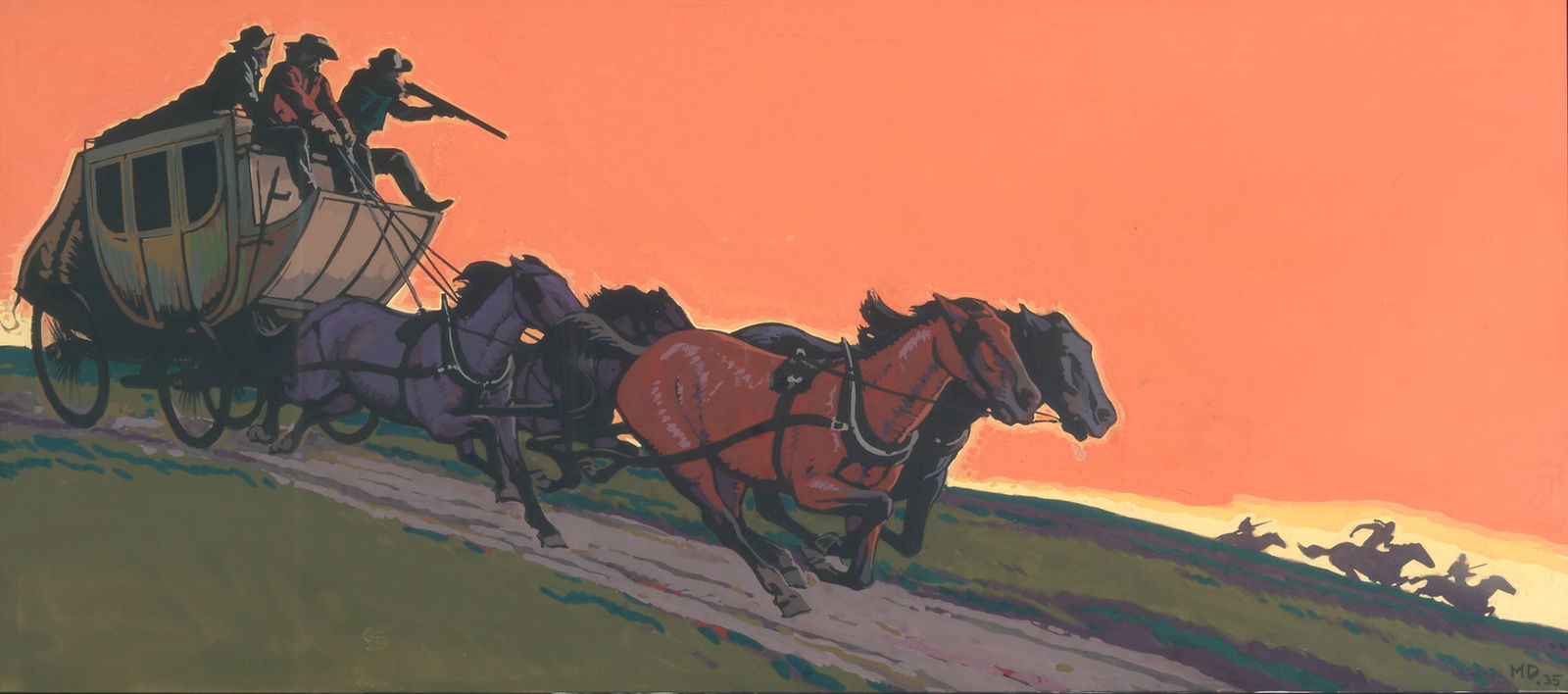 Maynard Dixon (1875-1946) Stagecoach sight 8 7/8 x 19 5/8 in. 16 3/4 x 27 3/4 in.: Maynard Dixon (1875-1946) Stagecoach initialed and dated 'MD '35' (lower right) and inscribed 'to Emil Grebs from Maynard Dixon 1940 / presented to Bob by his grandfather, Nov. 17, 1961' (on the origi