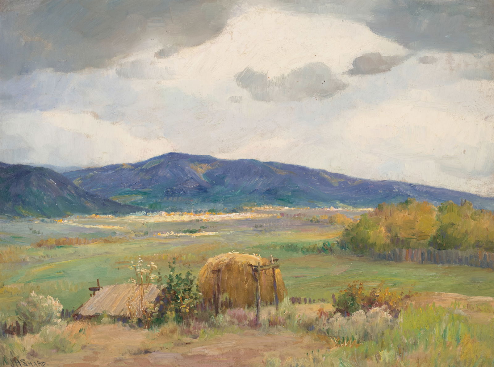 Joseph Henry Sharp (1859-1953) Ranchos de Taos 18 x 24 in. framed 22 1/4 x 28 1/4 in.: Joseph Henry Sharp (1859-1953) Ranchos de Taos signed 'JHSHARP.' (lower left), titled and inscribed 'From my studio / Taos N.M.' (on the reverse) oil on canvas 18 x 24 in. framed 22 1/4 x 28 1/4 in. F