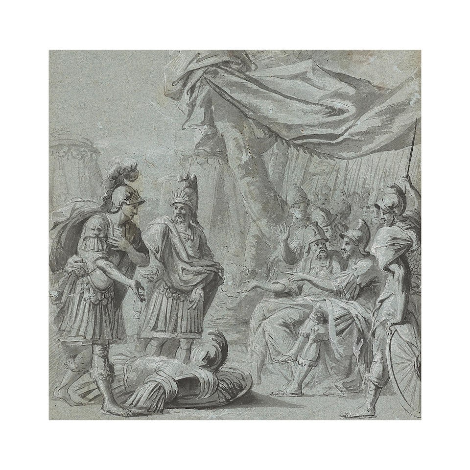 Entourage d'Agostino Masucci (Rome 1690-1768), XVIIIe siècle La dispute d'entre Ajax et Uly...: Entourage d'Agostino Masucci (Rome 1690-1768), XVIIIe siècle La dispute d'entre Ajax et Ulysse touchant la propriété des armes d'Achille plume et encre brune, lavis gris, rehauts de bla