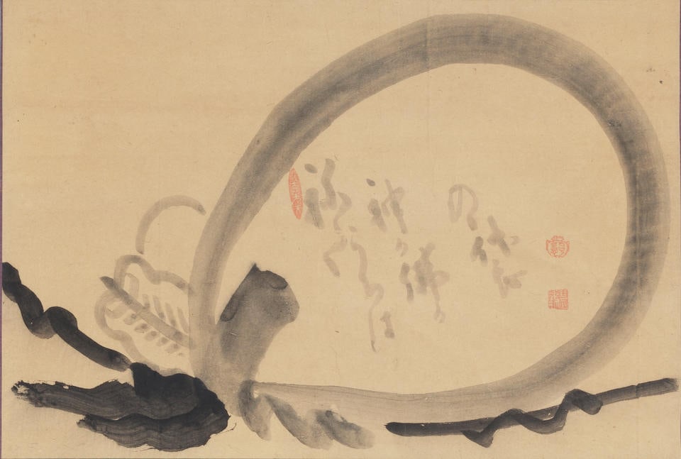 HAKUIN EKAKU (1686-1769) Hotei Behind His Bag Edo period (1615-1868), 18th century: HAKUIN EKAKU (1686-1769) Hotei Behind His Bag Edo period (1615-1868), 18th century A painting mounted as a hanging scroll in ink on paper depicting the figure's head barely visible behind Hotei's name