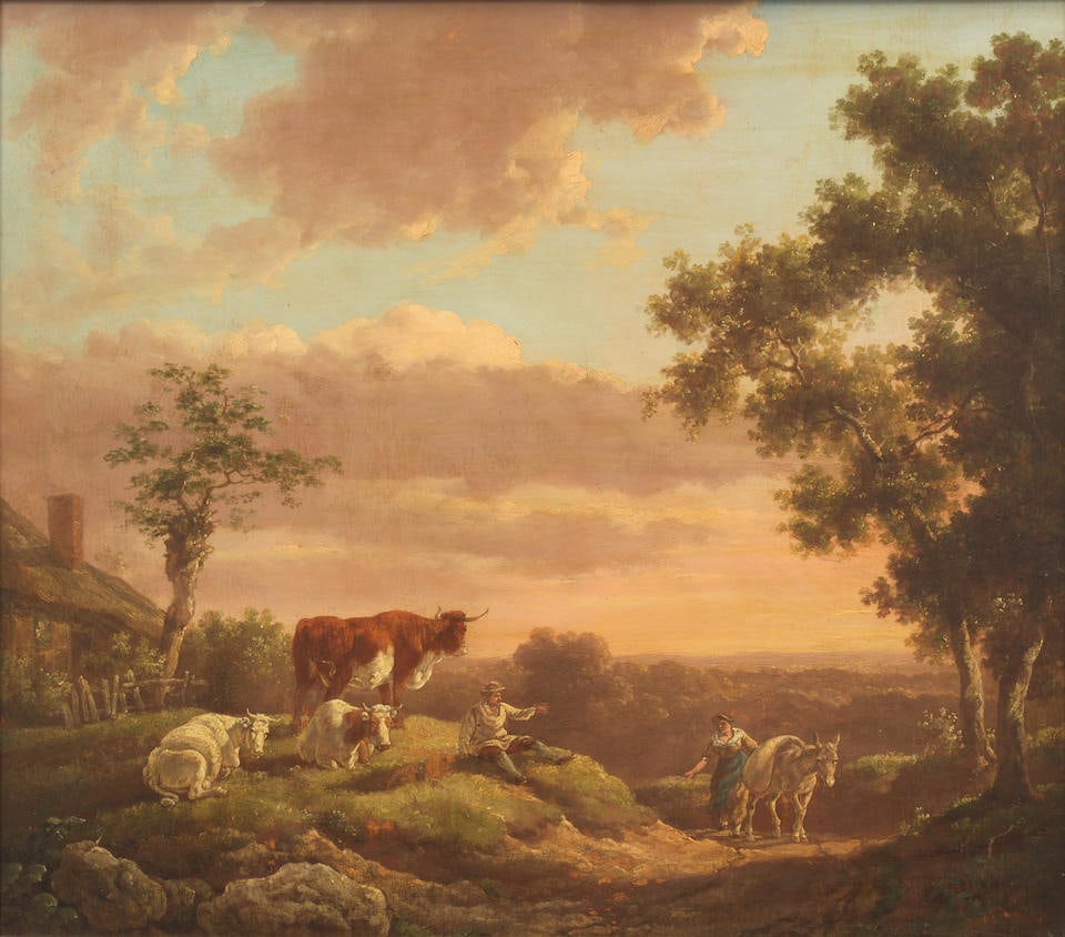 Jacob van Strij (Dordrecht 1756-1815) A herdsman resting with his cattle, and a woman travelling... (1 of 3)