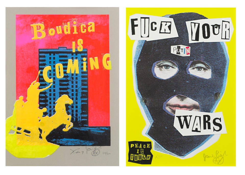 Jamie Reid (1947-2023) & James Cauty (born 1956) Boudica is Coming, 2018: Jamie Reid (1947-2023) & James Cauty (born 1956) Boudica is Coming, 2018 signed by both artists and numbered 218/350 in pencil screenprint in colours 64 x 45cm (25 3/16 x 17 11/16in). Published by L-1