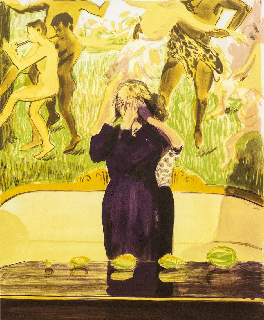 Caroline Walker (British, born 1982) Local Custom, from Initiations, 2014 (Published by Enitharm...: Caroline Walker (British, born 1982) Local Custom, from Initiations, 2014 signed and inscribed 'AP 4/5' in pencil, an artist's proof aside from the numbered edition of 25 lithograph in colours 46.1 x