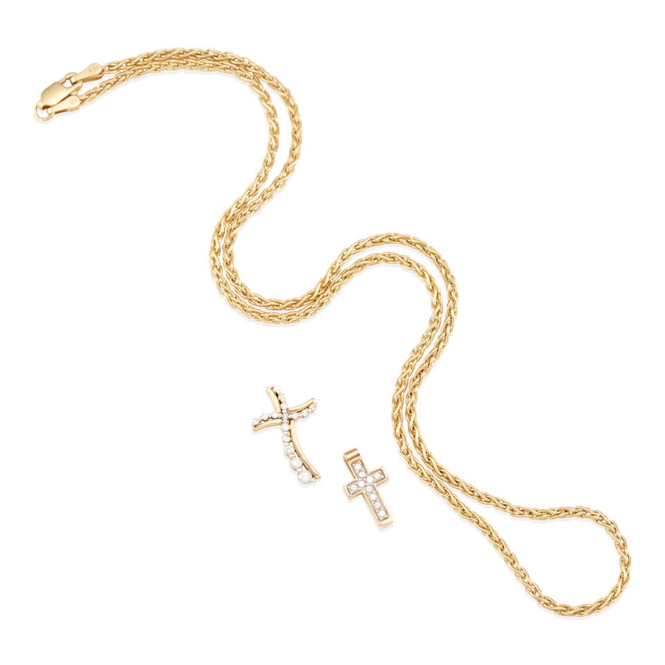 ONE 14K GOLD WHEAT-LINK CHAIN NECKLACE WITH TWO 14K GOLD AND DIAMOND CROSS PENDANTS (1 of 2)