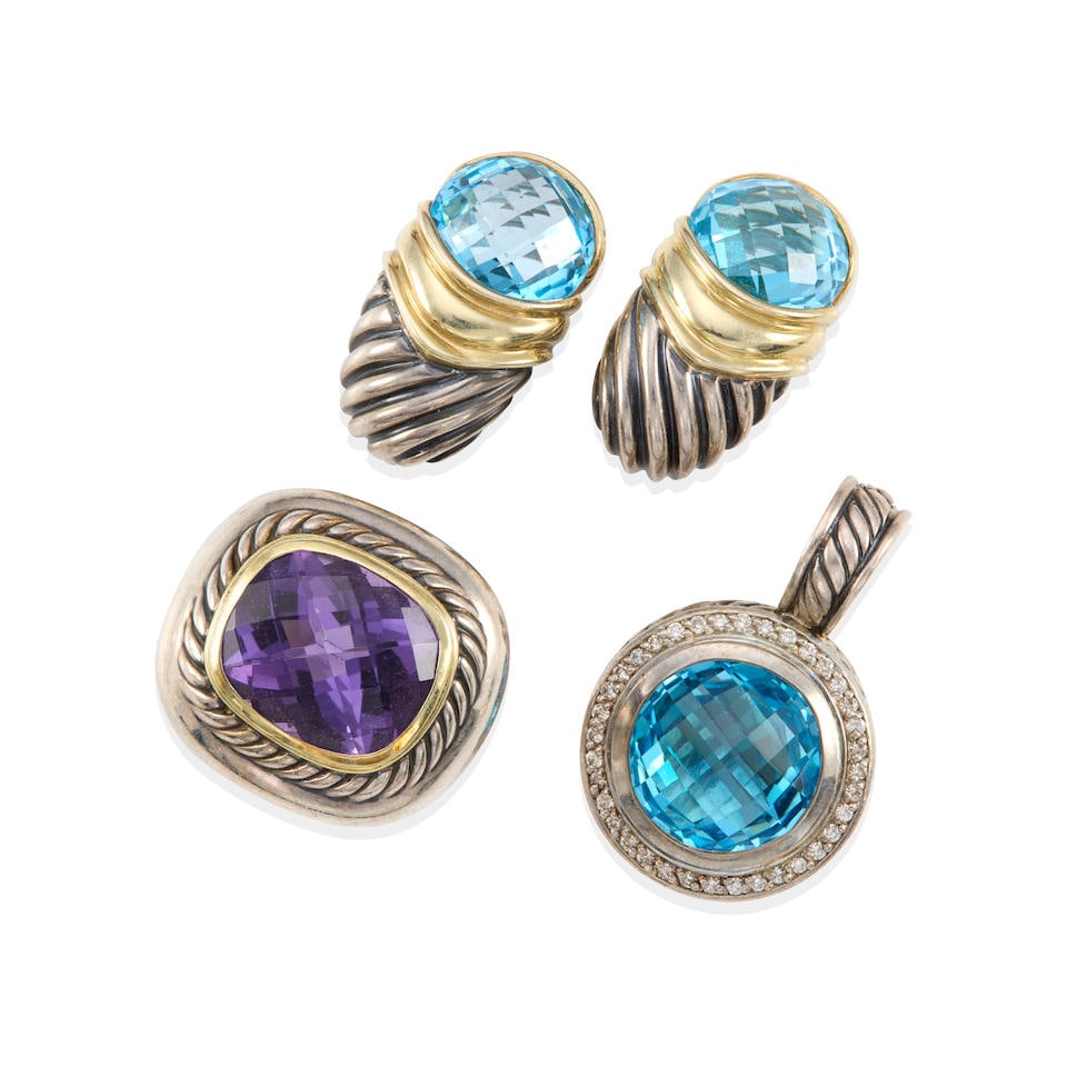 DAVID YURMAN: STERLING SILVER, 14K GOLD, DIAMOND, AMETHYST AND BLUE TOPAZ EARRINGS, PENDANT AND ... (1 of 2)