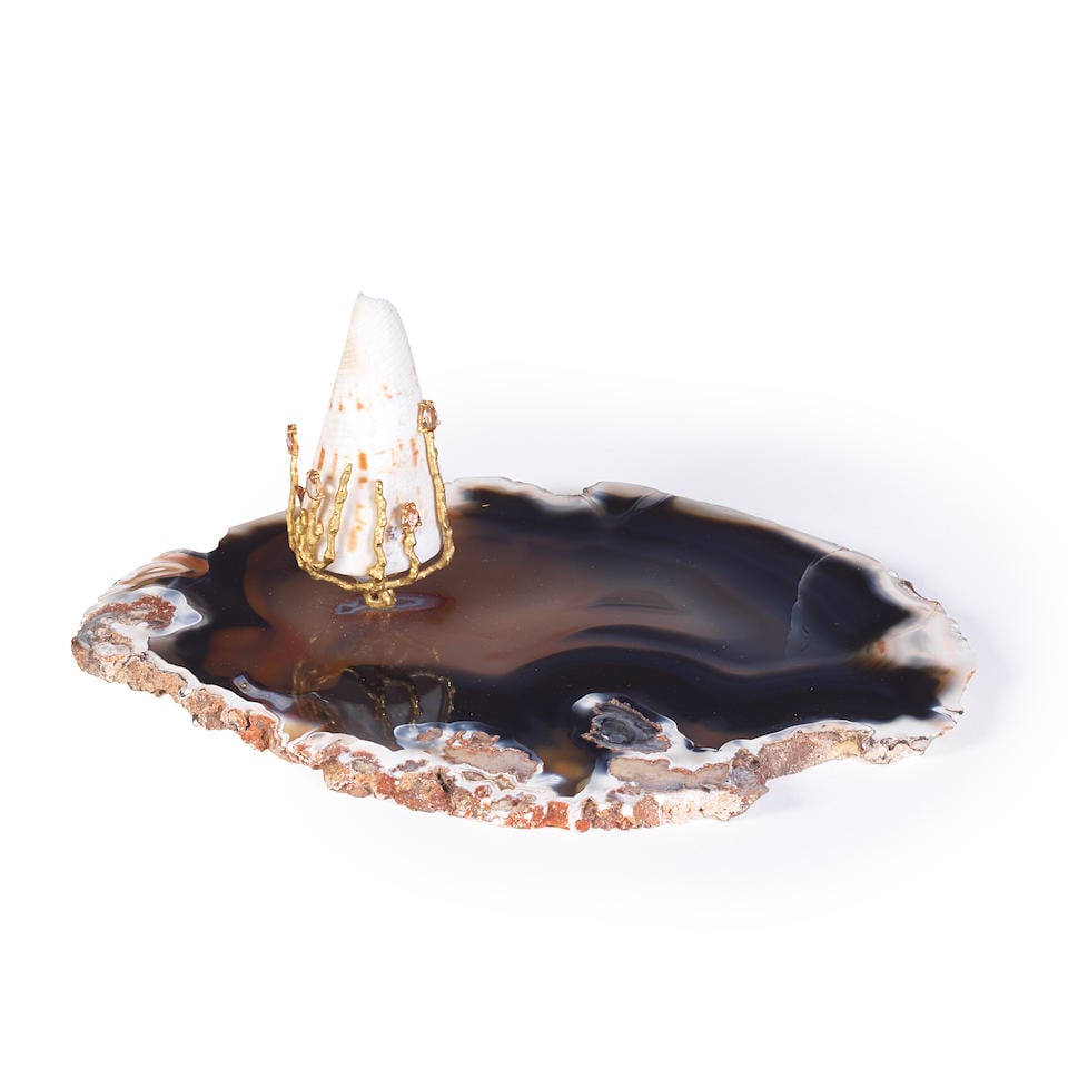 GRIMA: AGATE, SHELL AND GEM-SET 'SUPERSHELL' OBJECT D'ART,: GRIMA: AGATE, SHELL AND GEM-SET 'SUPERSHELL' OBJECT D'ART, CIRCA 1971-1972 Brilliant-cut diamond Pear-shaped topaz Shell Agate 18 carat gold Signed Grima, maker's mark, London hallmark Length 7.8cm x