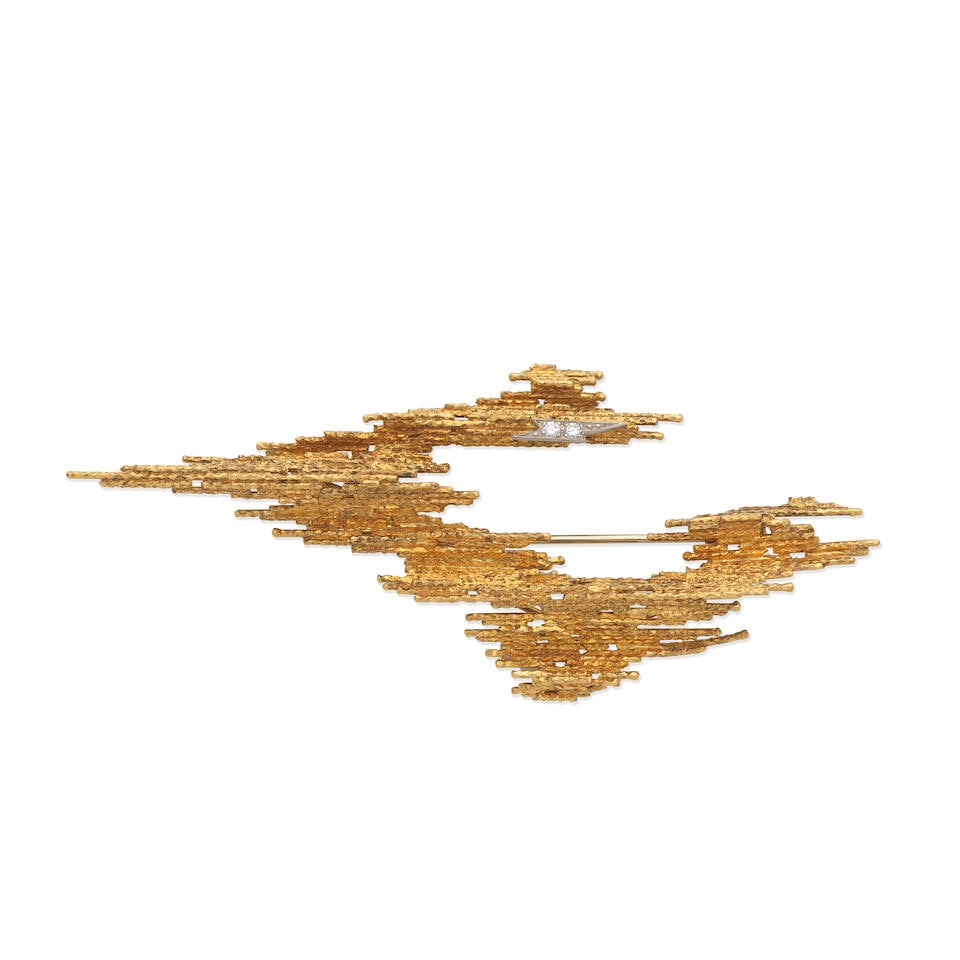 GRIMA: DIAMOND-SET BROOCH,: GRIMA: DIAMOND-SET BROOCH, 1971 Brilliant-cut diamonds, approx. 0.05ct total 18 carat gold Signed Grima, maker's mark AGLtd, London hallmark, Length 9.1cm, width 3.8cm Weight approx. 20.5g Maker's cas