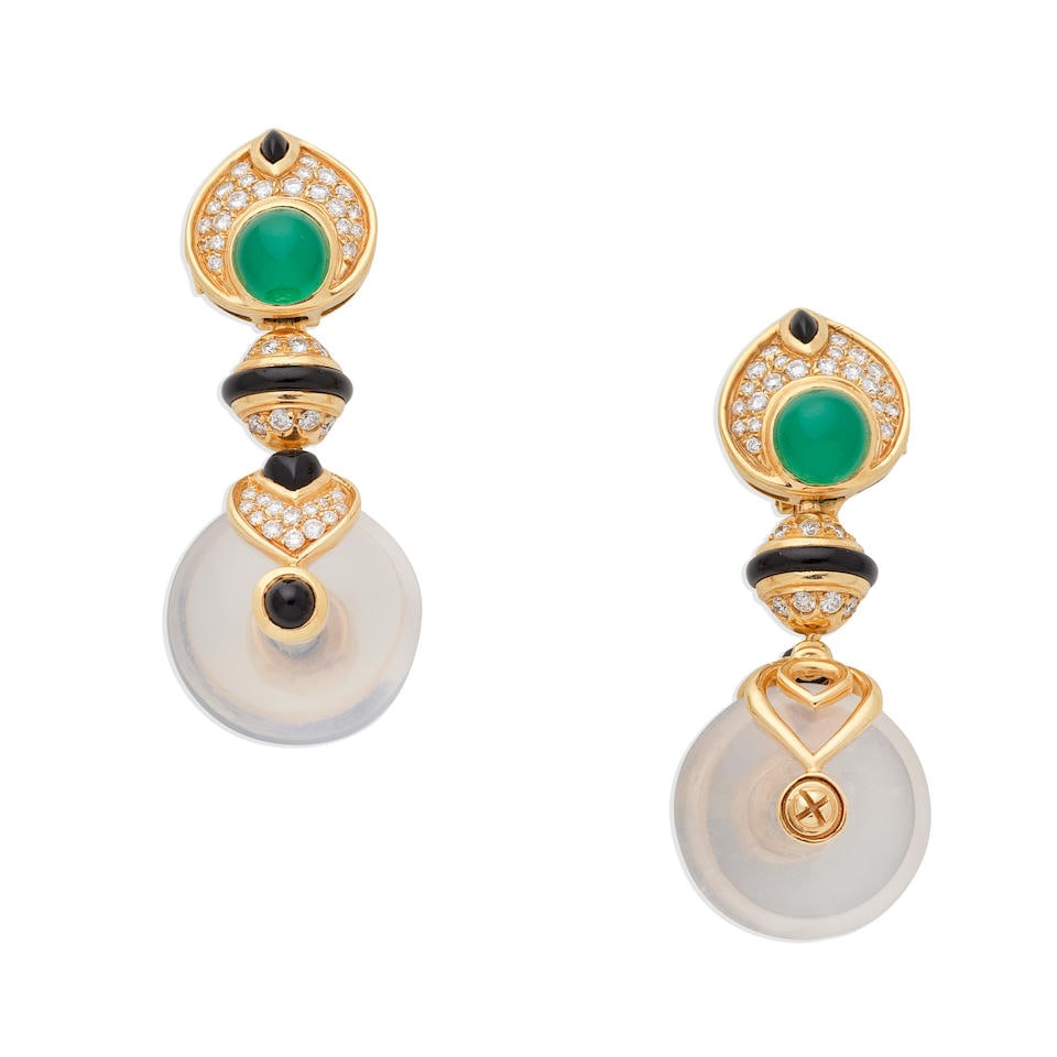 MARINA B: 'NIGHT AND DAY' DIAMOND AND GEM-SET PENDANT EARCLIPS: MARINA B: 'NIGHT AND DAY' DIAMOND AND GEM-SET PENDANT EARCLIPS Pendant drop detachable Green agate cabochon Single-cut diamonds, approx. 1.15cts total Onyx Rock crystal Signed Marina B, maker's mark L