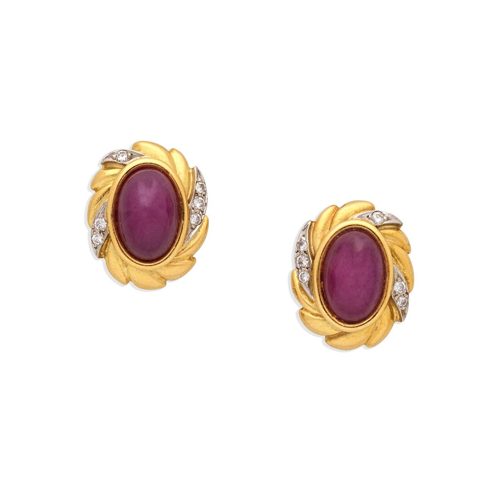 GRIMA: RUBY AND DIAMOND EARRINGS: GRIMA: RUBY AND DIAMOND EARRINGS Ruby cabochons Brilliant-cut diamonds, approx. 0.20ct total One earring signed Grima Length 1.8cm Weight approx. 12.5g Maker's case Footnotes: OVERALL CONDITION Some s