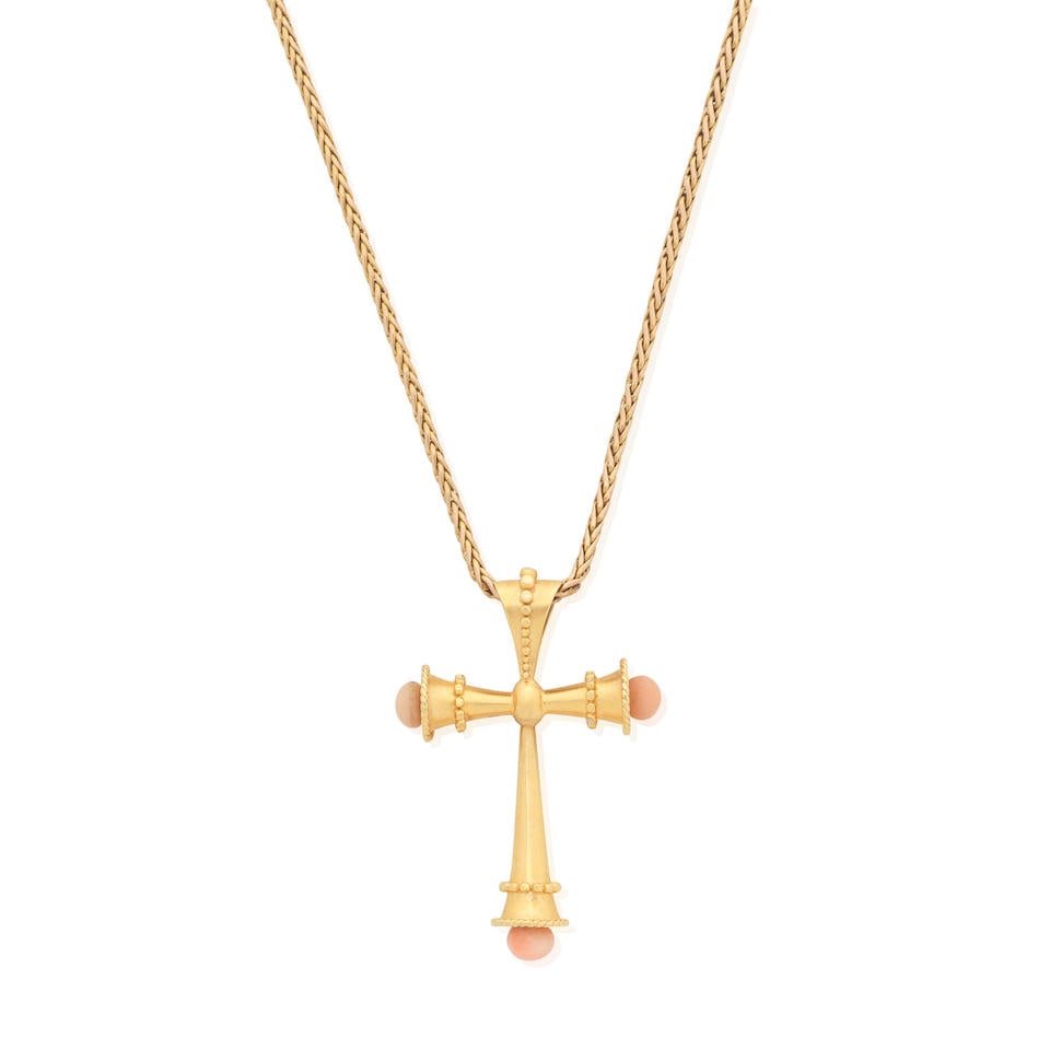 JOHN BROGDEN: CORAL CROSS PENDANT,: JOHN BROGDEN: CORAL CROSS PENDANT, CIRCA 1871 Inscribed to verso J.M.J May 1st 1871 Coral Corallium Rubrum cabochons Maker's mark for John Brogden Accompanied by unassociated chain Lengths: pendant