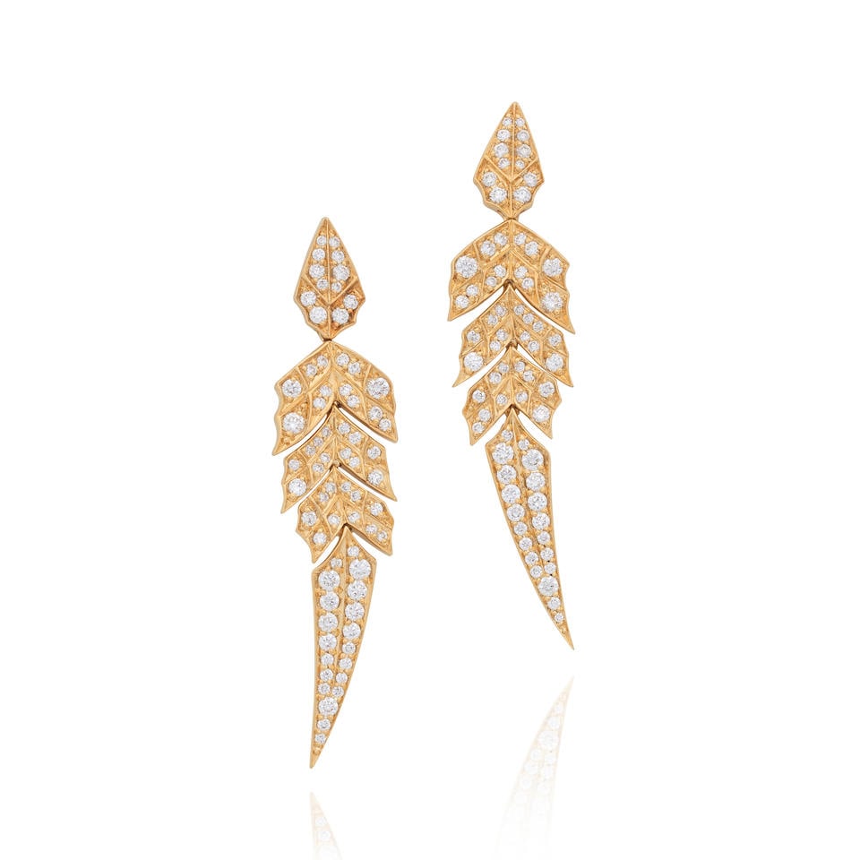 STEPHEN WEBSTER: 'TAIL FEATHER DROP' EARRINGS: STEPHEN WEBSTER: 'TAIL FEATHER DROP' EARRINGS Brilliant-cut diamonds, approx. 0.70ct total 18 carat gold Maker's mark for Stephen Webster, London hallmark Length 3.9cm Total weight approx. 6.5g Maker'