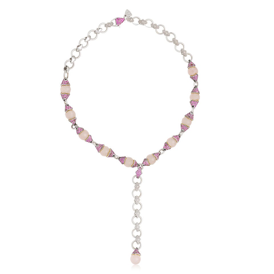 STEPHEN WEBSTER: GEM-SET NECKLACE: STEPHEN WEBSTER: GEM-SET NECKLACE Faceted rose-quartz Circular-cut purple sapphires, untested 18 carat white gold Signed SW, maker's mark SW, London hallmark Accompanied by additional link Lengths: ne