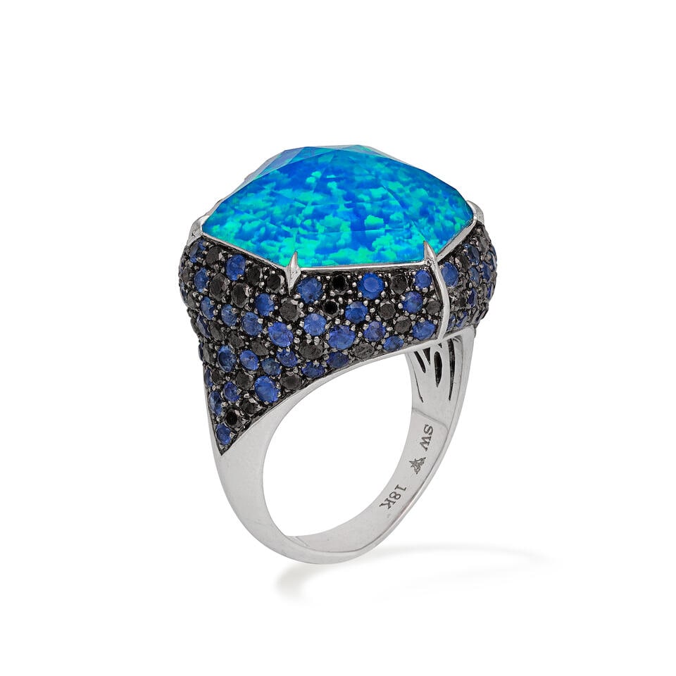 STEPHEN WEBSTER: GEM-SET 'CRYSTAL HAZE' RING,: STEPHEN WEBSTER: GEM-SET 'CRYSTAL HAZE' RING, 2012 Black opalescent under facetted rock crystal Circular-cut black and blue sapphires (untested for natural colour and origin) 18 carat white gold Maker