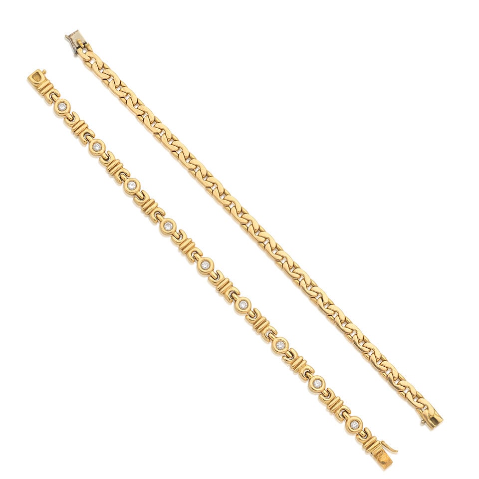 TWO FANCY LINK BRACELETS (2): TWO FANCY LINK BRACELETS 1st: Diamond-set bracelet Brilliant-cut diamonds, approx. 1.35cts total. Length 18.0cm 2nd: Fancy-link 18 carat gold bracelet, 1978 London hallmark Length 18.5cm Total weight