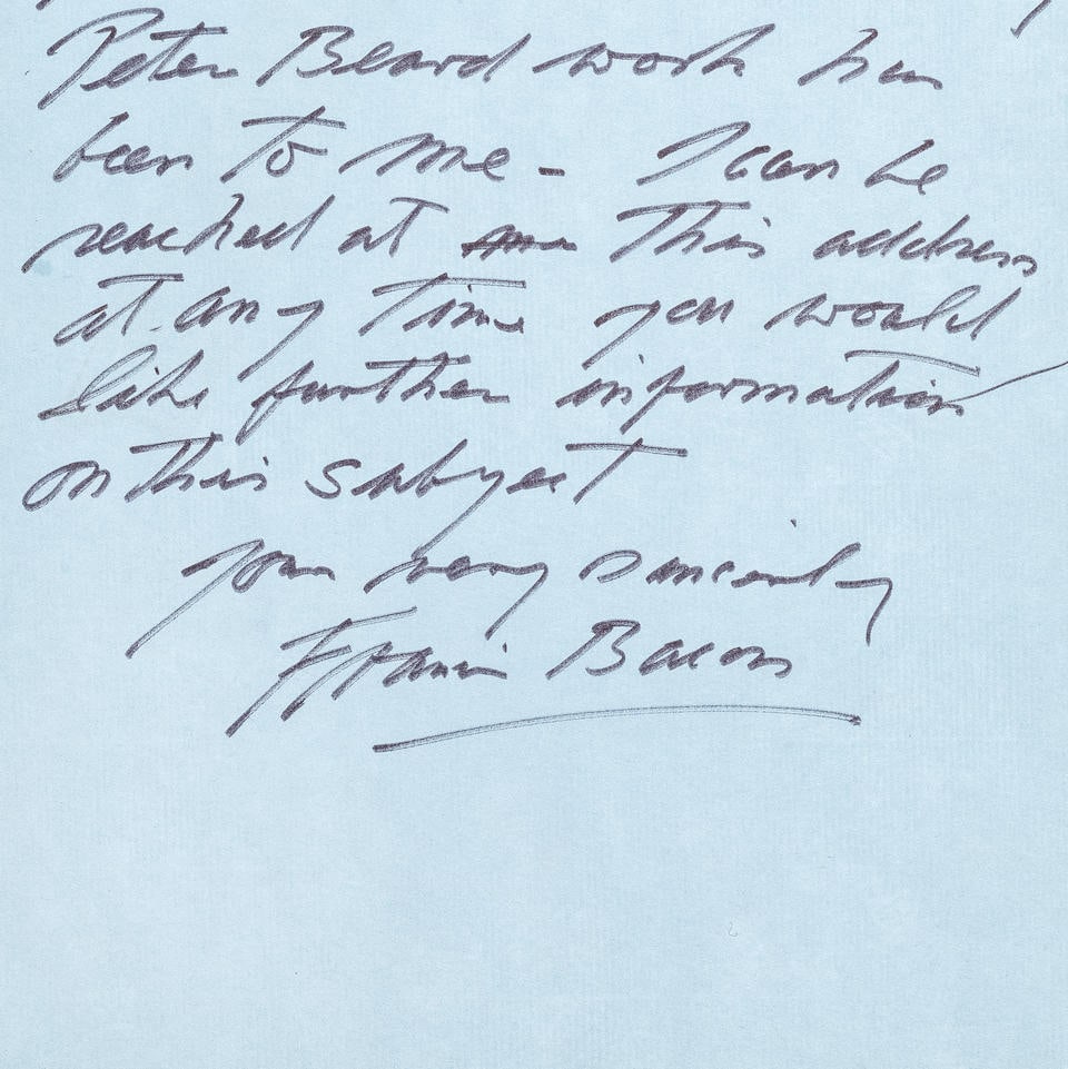 BACON (FRANCIS) Autograph letter signed ('Francis Bacon') to 'Getty Museum Group', 7 Reece Mews,...: BACON (FRANCIS) Autograph letter signed ('Francis Bacon') to 'Getty Museum Group', praising and supporting the work of Peter Beard, stating that his 'remarkable diaries and photographs to record a un
