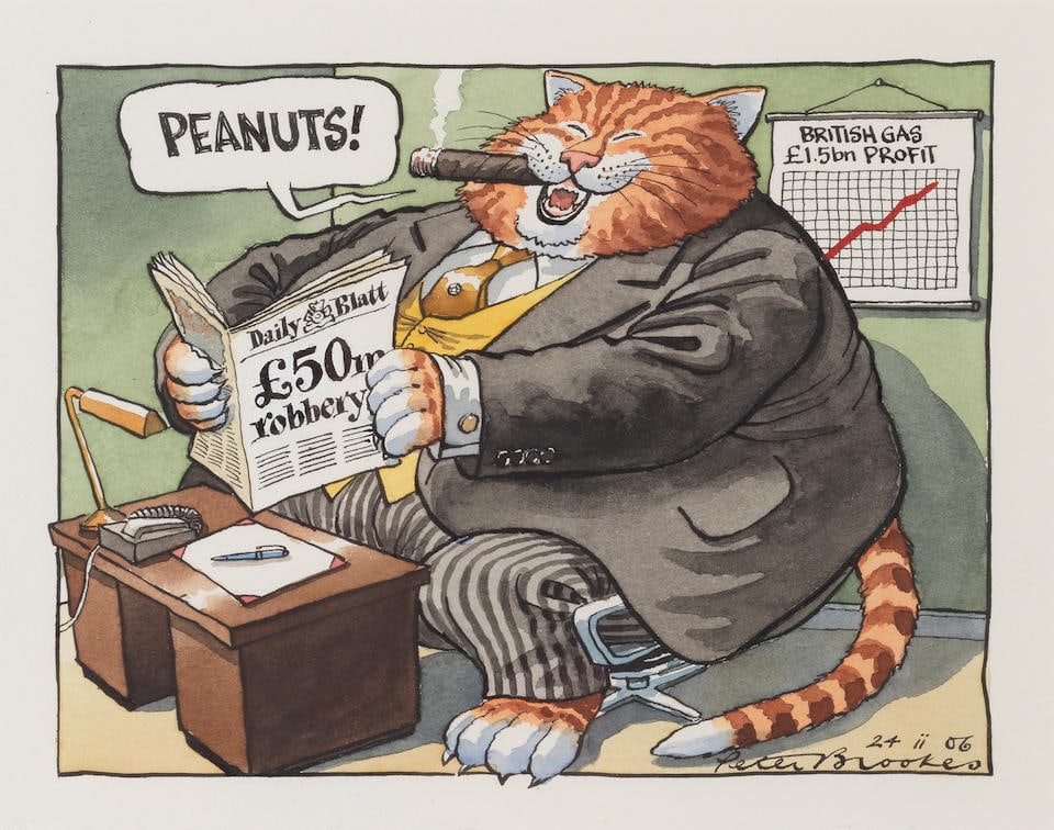 Peter Brookes (British, born 1943) Fat Cat 'Peanuts' (together with a another work on paper, Fa...: Peter Brookes (British, born 1943) Fat Cat 'Peanuts' signed and dated '24 ii 06/Peter Brookes' (lower right) gouache, watercolour and pen and ink on paper 24.5 x 31cm (9 5/8 x 12 3/16in). together wit