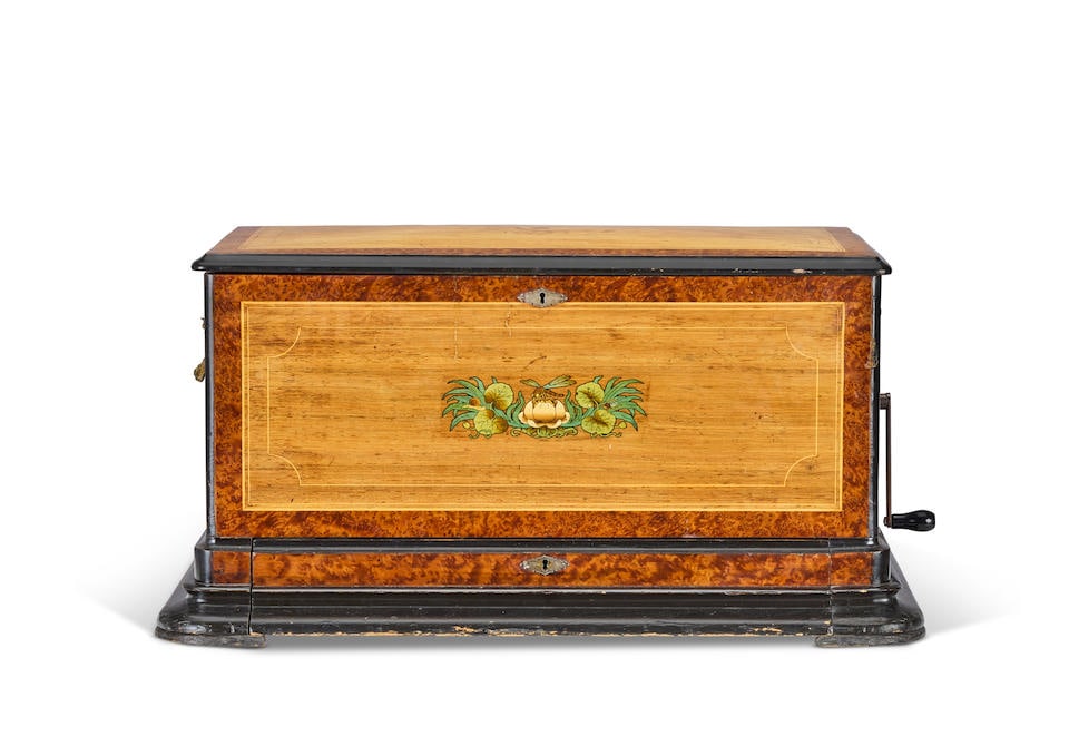 A large 'Bells-and-Drum in Sight' interchangeable cylinder musical box, Swiss, late 19th century,: A large 'Bells-and-Drum in Sight' interchangeable cylinder musical box, Swiss, late 19th century, Each of the three interchangeable cylinders playing six airs accompanied by snare drum and six saucer