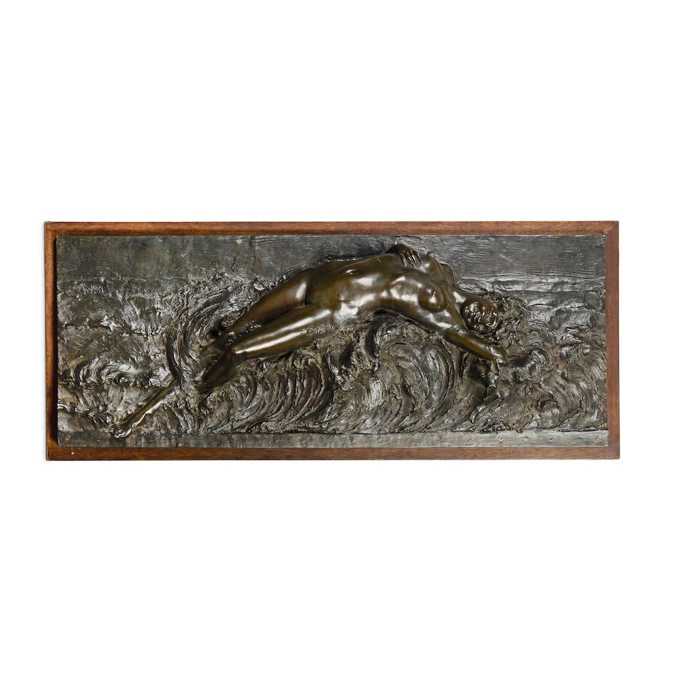 Paul Philippe (French, 1870-1930): A patinated bronze figural relief plaque depicting a water nymph: Paul Philippe (French, 1870-1930): A patinated bronze figural relief plaque depicting a water nymph The enraptured sinuous nude maiden emerging from foaming waves and spume, her right hand clutching h