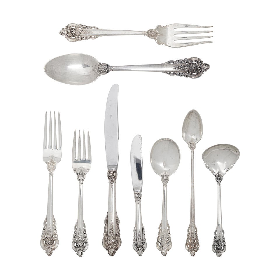 A WALLACE SILVERSMITHS STERLING SILVER FLATWARE SERVICE Wallingford, Connecticut, 20th century: A WALLACE SILVERSMITHS STERLING SILVER FLATWARE SERVICE Wallingford, Connecticut, 20th century In the Grand Baroque pattern, comprising: eleven dinner forks thirteen salad forks twelve cream soup spoo