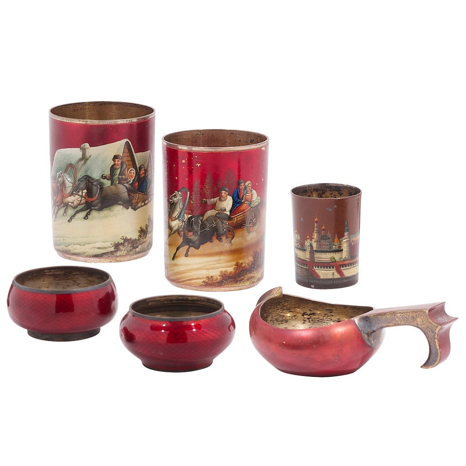 A GROUP OF RUSSIAN LACQUERED 84 AND 88 SILVER TABLE ARTICLES by various makers, 19th-20th centuries (1 of 1)