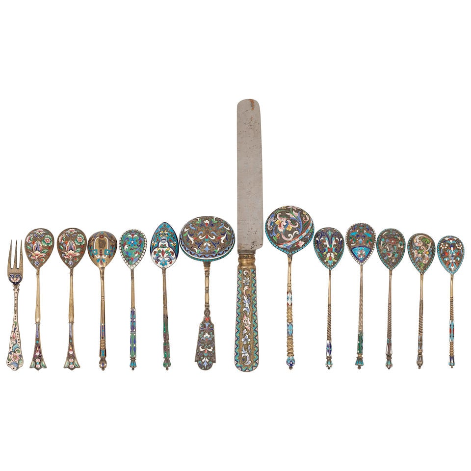 A GROUP OF RUSSIAN ENAMEL AND 84 AND 88 SILVER-GILT FLATWARE PIECES by various makers, 19th/20th... (1 of 2)