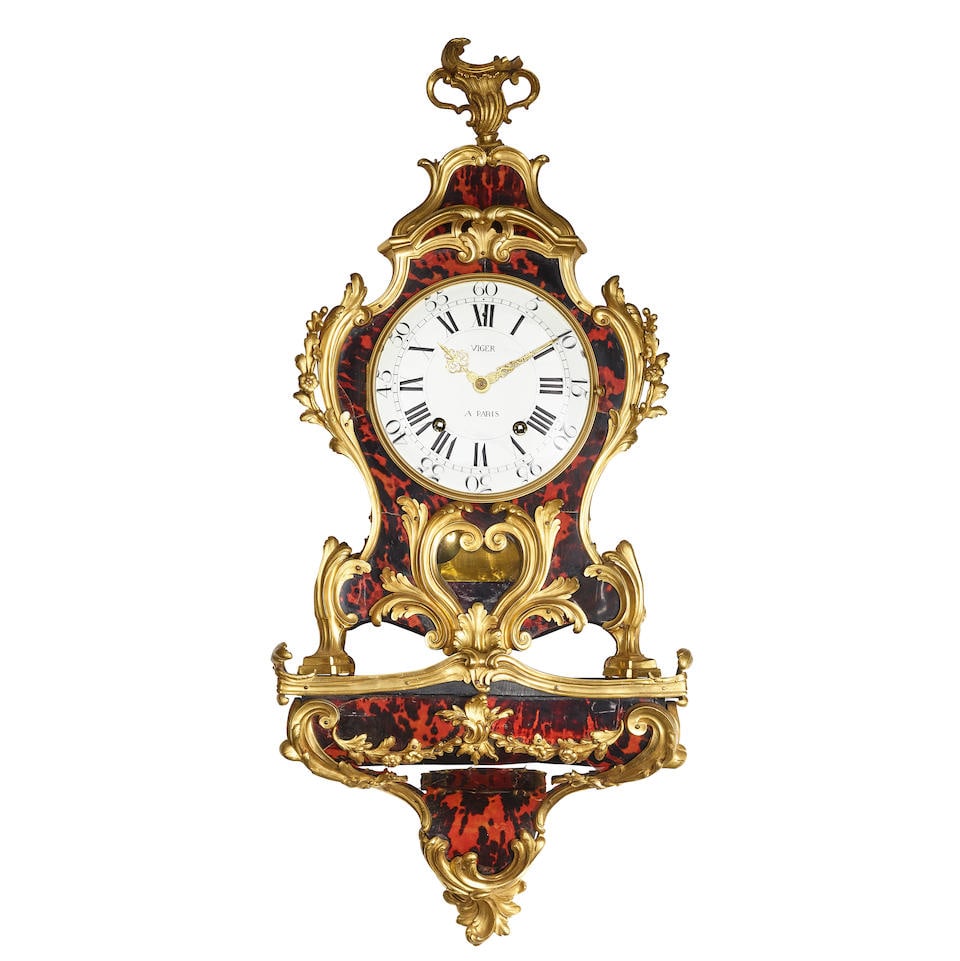 A LOUIS XV STYLE GILT BRONZE MOUNTED FAUX TORTOISESHELL BRACKET CLOCK: A LOUIS XV STYLE GILT BRONZE MOUNTED FAUX TORTOISESHELL BRACKET CLOCK Signed Viger a Paris. height overall 32 1/2in (83cm) Footnotes: With a Certificate of Valuation from F. X . B. J. M. van Kollenbur