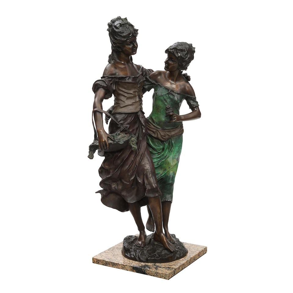 AFTER AUGUSTE MOREAU: A PATINATED BRONZE FIGURAL GROUP: SISTERS: AFTER AUGUSTE MOREAU: A PATINATED BRONZE FIGURAL GROUP: SISTERS Signed Aùg. Moreau to the bronze. height of bronze 31in (78.8cm); width 13in (33cm); depth 8in (20.3cm) Footnotes: Condition report