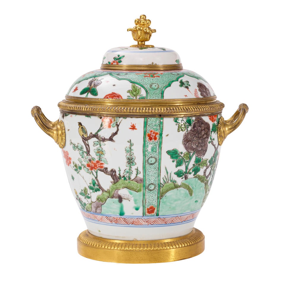 A RÉGENCE GILT BRONZE MOUNTED KANGXI FAMILLE VERT PORCELAIN COVERED JARLate 17th/early 18th... (1 of 2)