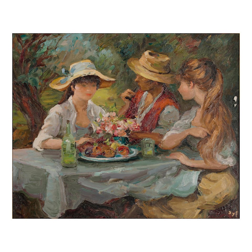 Marcel Dyf (French, 1899-1985) Dejeuner champetre 24 x 29in (61 x 73.6cm); framed 32 x 37in (81....: Marcel Dyf (French, 1899-1985) Dejeuner champetre signed 'Dyf' (lower right) oil on canvas 24 x 29in (61 x 73.6cm); framed 32 x 37in (81.5 x 94cm) Footnotes: The authenticity of this work has kindly b