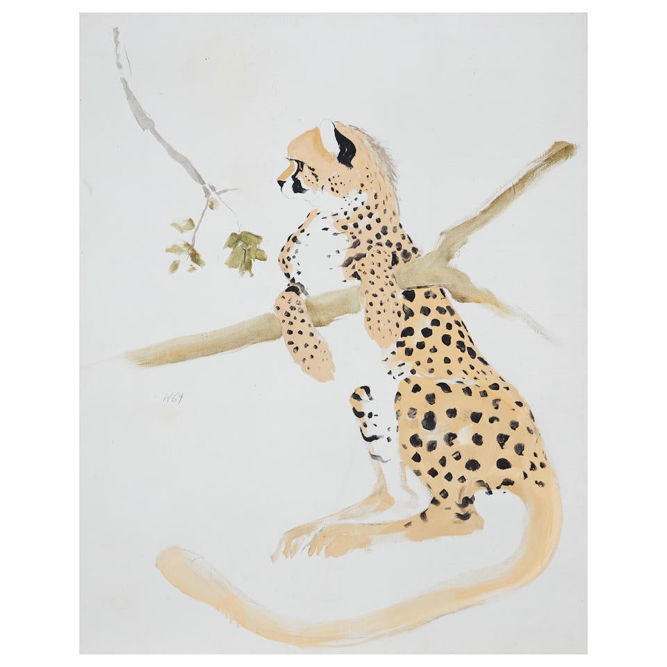 Bryan Wilson (American, 1927-2002) Young cheetah, paws over branch 46 x 36in (116.8 x 91.4cm); f...: Bryan Wilson (American, 1927-2002) Young cheetah, paws over branch signed and dated 'W69' (center left); signed, dated, and titled 'Young Cheetah, / paws over branch, / Bryan Wilson / Feb 1969' (on th