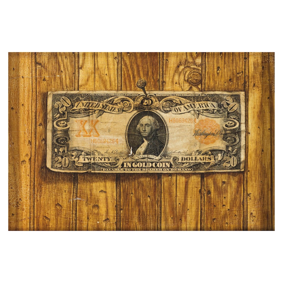 Follower of Victor Dubreuil (1846-1946) Trompe l'oeil with Series of 1906 $20 gold certificate 7...: Follower of Victor Dubreuil (1846-1946) Trompe l'oeil with Series of 1906 $20 gold certificate unsigned oil on panel 7 x 10 3/4in (17.5 x 27.3cm); framed 10 1/2 x 13 1/2in (26.6 x 34.5cm) Footnotes: P