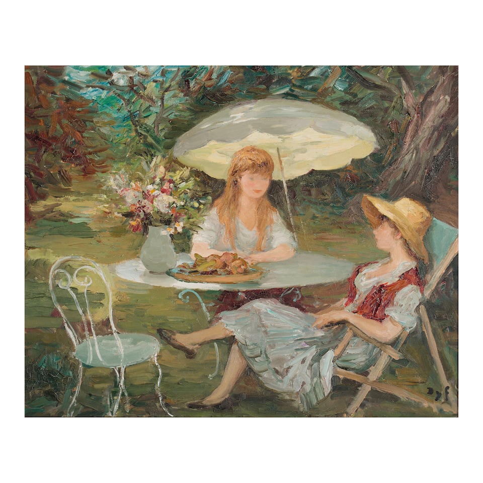 Marcel Dyf (French, 1899-1985) Les deux soeurs dans le jardin de Bois d'Arcy (Jacqueline et...: Marcel Dyf (French, 1899-1985) Les deux soeurs dans le jardin de Bois d'Arcy (Jacqueline et Claudine) signed 'Dyf' (lower right) oil on canvas 23 3/4 x 29in (61 x 73.7cm); framed 32 x 37in (81.5