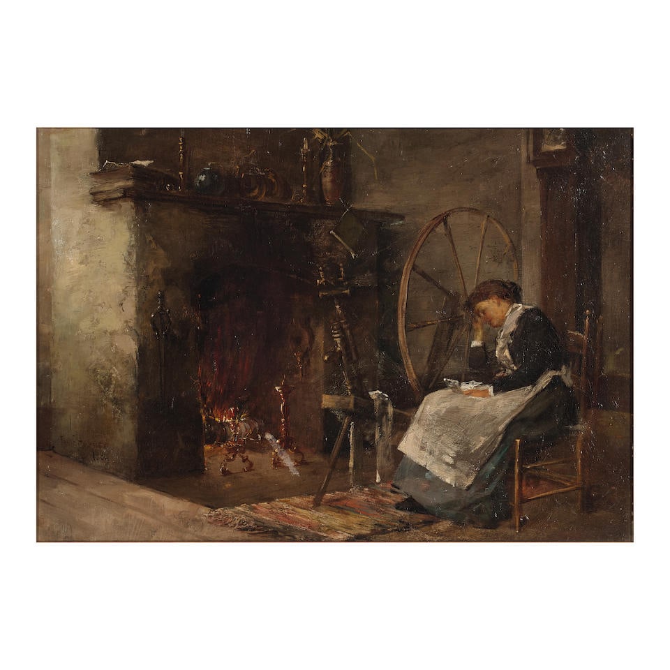 Paul Harney (American, 1850-1915) Girl asleep at a spinning wheel 14 x 20in (35.5 x 50.8cm); fra... (1 of 3)
