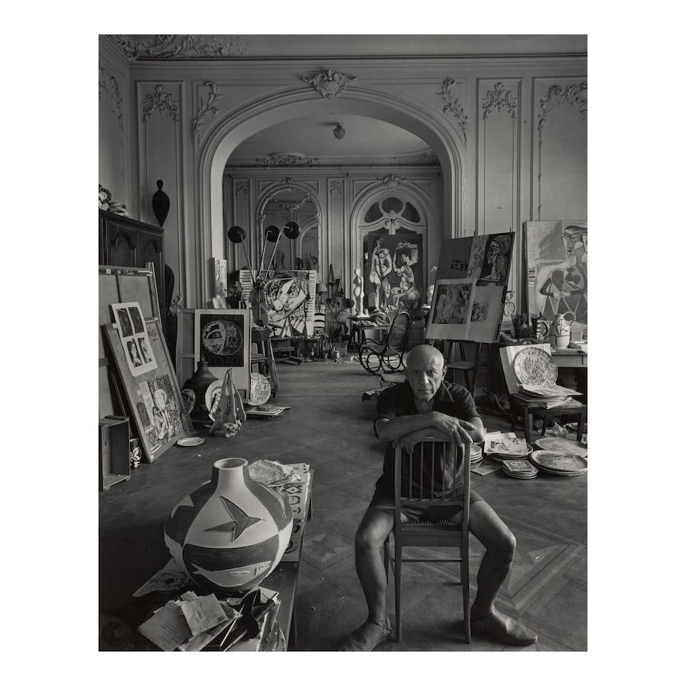 Arnold Newman (1918-2006); 'Picasso, Villa la Californie';: Arnold Newman (1918-2006) 'Picasso, Villa la Californie', 1956 Gelatin silver print, printed later; flush-mounted, signed, titled, and dated in pencil in the margin. 22 3/4 x 18 in. (57.8 x 45.7 cm.)