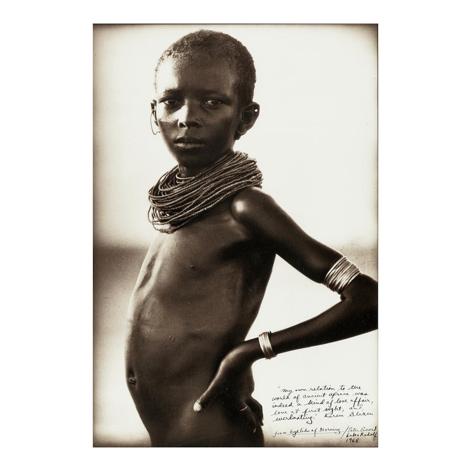 Peter Beard (1938-2020); Untitled ('Lake Rudolf');: Peter Beard (1938-2020) Untitled ('Lake Rudolf'), 1968 Gelatin silver print, printed later; signed, dated, and annotated with a quotation from Karen Blixen in ink on the image, framed. 18 5/8 x 12 5/8