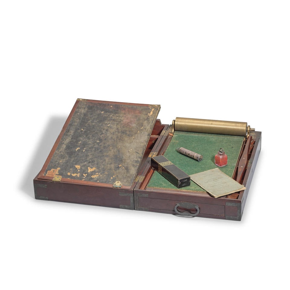 A rare patent portable copying machine by James Watt & Co., English, circa 1800,: A rare patent portable copying machine by James Watt & Co., English, circa 1800, the diametric-linear cut brass rollers on shaped fixed supports, T-bar removable crank for upper roller drive, felt-cov