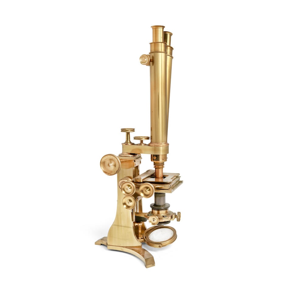 A large brass compound binocular microscope,  English, circa 1870, (1 of 4)
