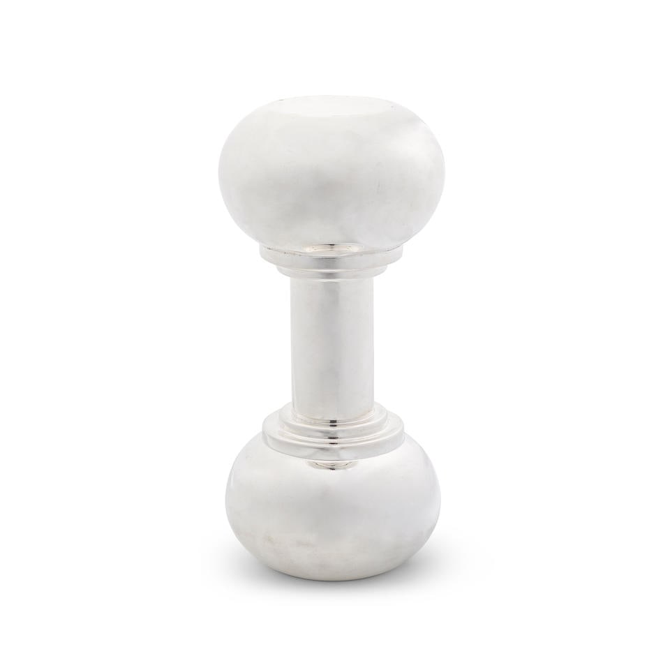 DUNHILL: a novelty electroplated 'dumbbell' cocktail shaker stamped dunhill, MADE IN ENGLAND, nu...: DUNHILL: a novelty electroplated 'dumbbell' cocktail shaker stamped dunhill, MADE IN ENGLAND, numbered 3138 S, PAT. APPLIED FOR 20610/35, circa 1940 Modelled as a dumbbell, one end screw fitting, with