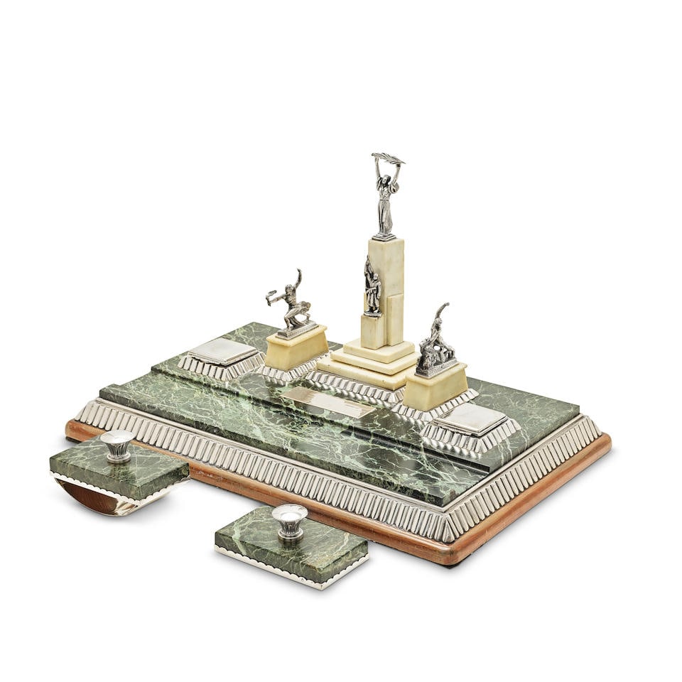 A Hungarian Art Deco silver mounted marble and alabaster desk stand  Makers mark PV, incuse stam... (1 of 2)