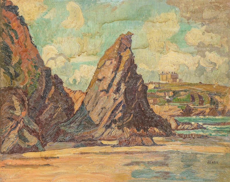 John Anthony Park (British, 1880-1962) Bishop Rock, Newquay: John Anthony Park (British, 1880-1962) Bishop Rock, Newquay signed 'JAPark' (lower right); titled 'Bishop Rock/Newquay' (on the reverse) oil on board 34 x 43cm (13 3/8 x 16 15/16in). Footnotes: Proven