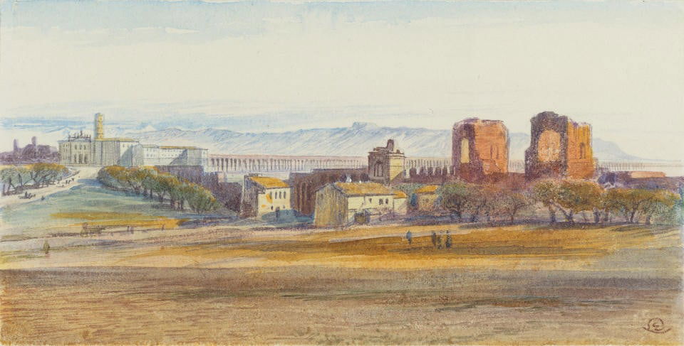 Edward Lear (British, 1812-1888) St John Lateran and the Claudian Aqueduct, Rome: Edward Lear (British, 1812-1888) St John Lateran and the Claudian Aqueduct, Rome signed with monogram (lower right) watercolour over traces of pencil, heightened with white 10.4 x 20.3cm (4 1/8 x 8in)
