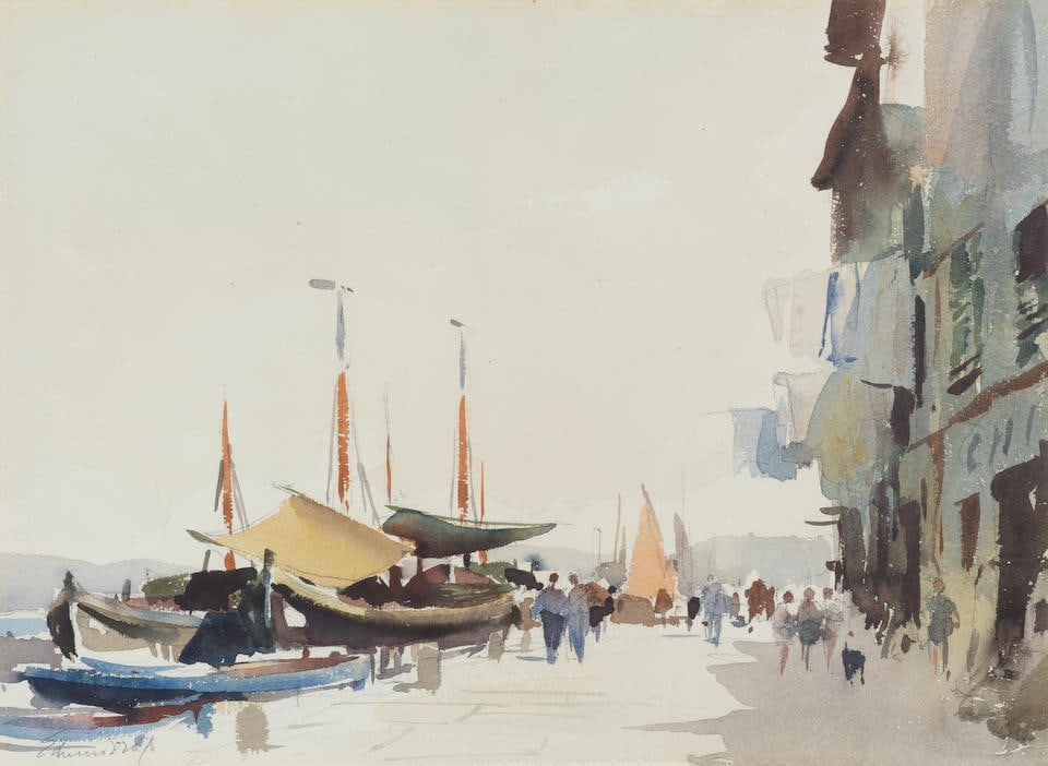 Edward Seago, RWS, RBA (British, 1910-1974) Italian quayside, Chioggia: Edward Seago, RWS, RBA (British, 1910-1974) Italian quayside, Chioggia signed 'EdwardSeago' (lower left) watercolour 28 x 38cm (11 x 14 15/16in). Footnotes: Provenance With The Street Gallery, Somerse