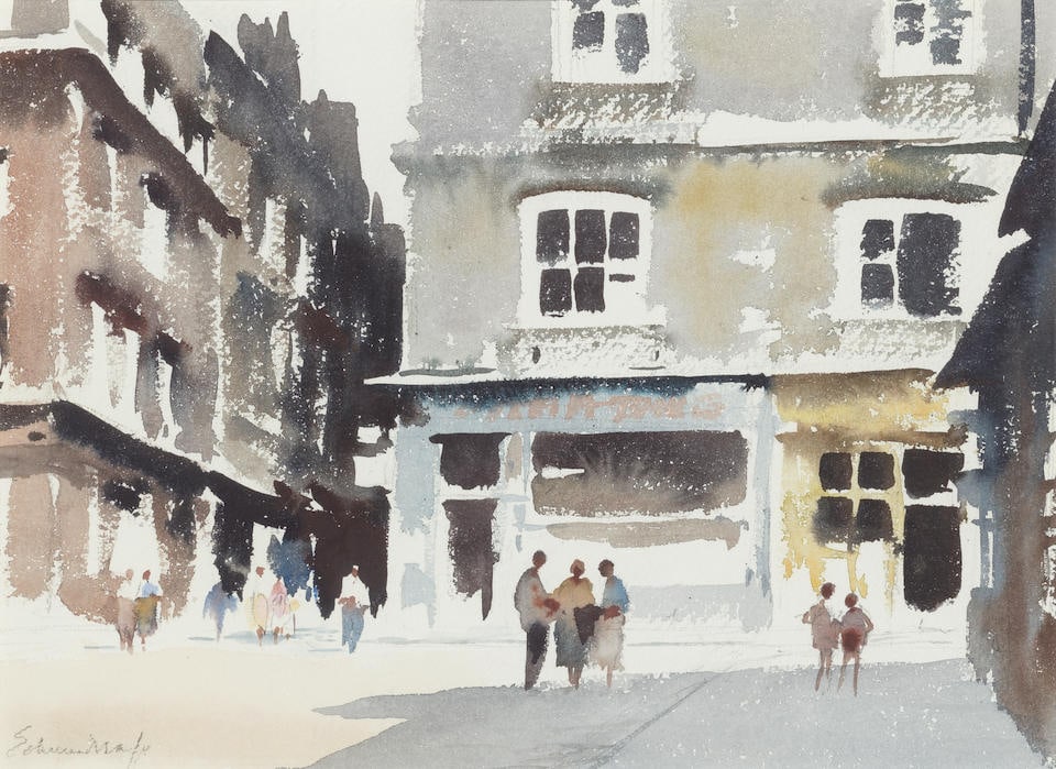 Edward Seago, RWS, RBA (British, 1910-1974) A street corner, Dieppe: Edward Seago, RWS, RBA (British, 1910-1974) A street corner, Dieppe signed 'EdwardSeago' (lower left); bears title (on the reverse) watercolour over traces of pencil 27 x 36cm (10 5/8 x 14 3/16in). Fo