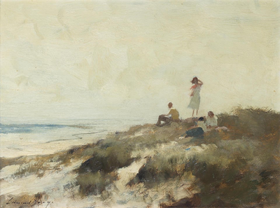 Edward Seago, RWS, RBA (British, 1910-1974) Figures on the dune: Edward Seago, RWS, RBA (British, 1910-1974) Figures on the dune signed 'Edward Seago' (lower left) oil on board 30.5 x 40.6cm (12 x 16in). Footnotes: Provenance With Marlborough Fine Art, no. 34101.0.