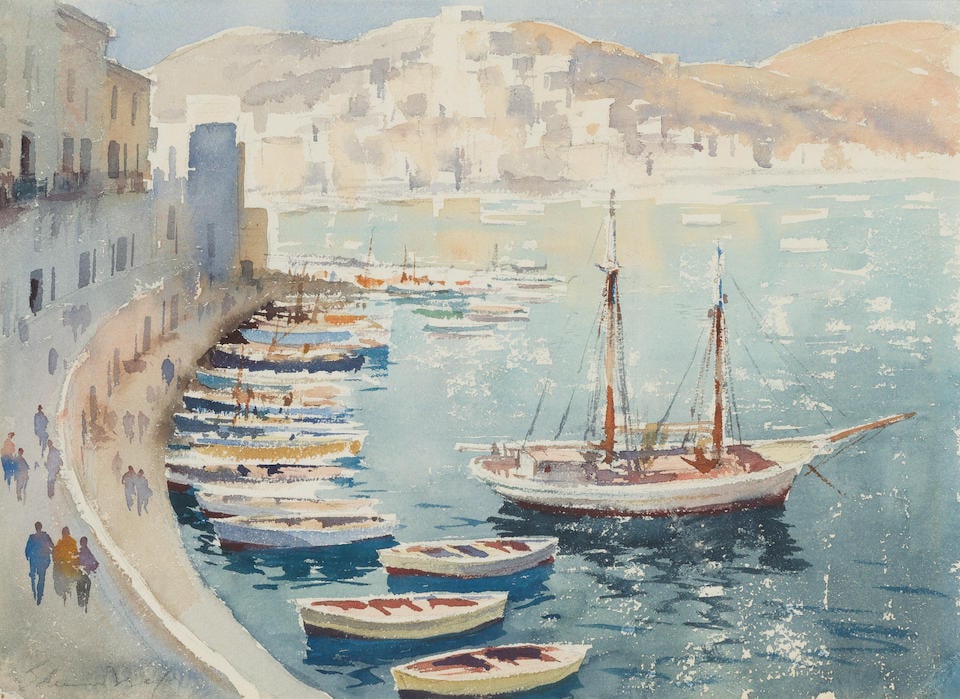 Edward Seago, RWS, RBA (British, 1910-1974) Looking towards Santa Maria, Portugal: Edward Seago, RWS, RBA (British, 1910-1974) Looking towards Santa Maria, Portugal signed 'EdwardSeago' (lower left); bears title (on the reverse) watercolour over traces of pencil 29 x 40cm (11 7/16 x
