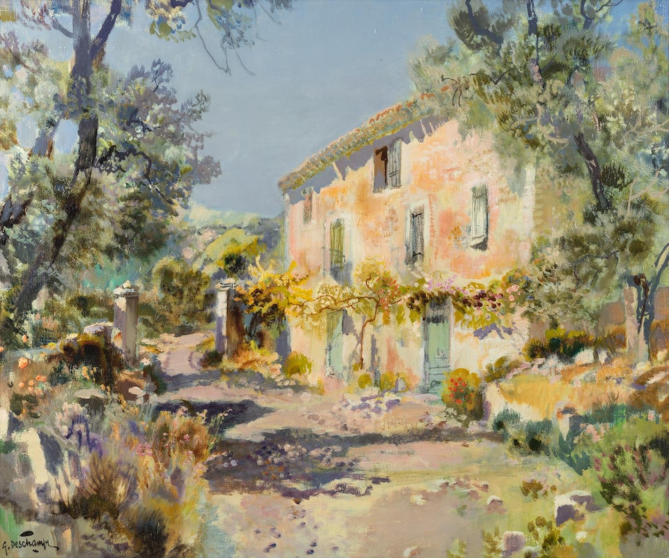 Gabriel Deschamps (French, 1919-2011) Bastide provençale: Gabriel Deschamps (French, 1919-2011) Bastide provençale signed 'G.Deschamps' (lower left) oil on canvas 54 x 65cm (21 1/4 x 25 9/16in). This lot is subject to the following lot symbols: AR AR Go