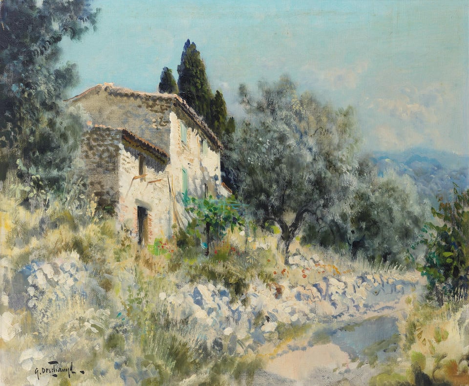 Gabriel Deschamps (French, 1919-2011) Dans la campagne de Vence: Gabriel Deschamps (French, 1919-2011) Dans la campagne de Vence signed 'G.Deschamps' (lower left) oil on canvas 46 x 55cm (18 1/8 x 21 5/8in). This lot is subject to the following lot symbols: AR AR G