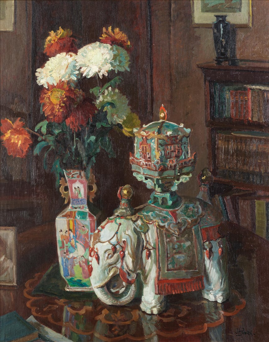 John Anthony Park (British, 1880-1962) White elephant: John Anthony Park (British, 1880-1962) White elephant signed 'JAPARK.' (lower right); further signed and titled (on label attached to the reverse) oil on panel 76.5 x 60cm (30 1/8 x 23 5/8in). This lo