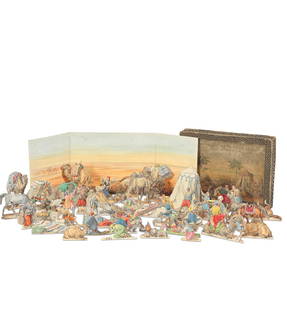 MECCA - TOY THEATRE 'The Caravan to Mecca. The Halt in the Desert', COMPLETE BOXED THEATRE SET, ...: MECCA - TOY THEATRE 'The Caravan to Mecca. The Halt in the Desert', COMPLETE BOXED THEATRE SET, comprising hand-coloured lithographed backdrop scenery view of a desert (198 x 522mm.), 50 hand-coloure